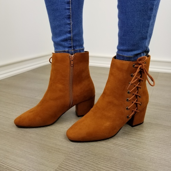 Brown Faux Suede Ankle Booties Side Laced Up - Picture 5 of 8
